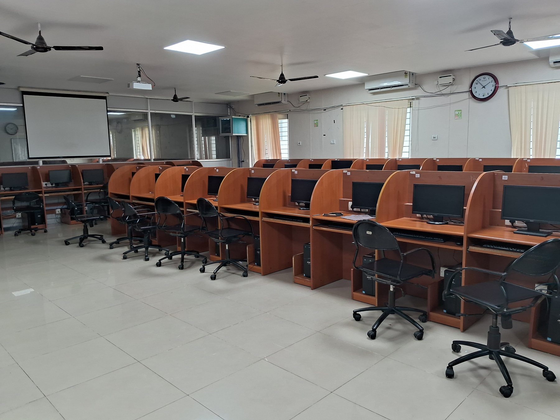 Computer laboratory with rows of workstations